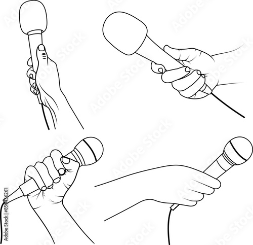 Hands with microphones vector lineart illustration on white background