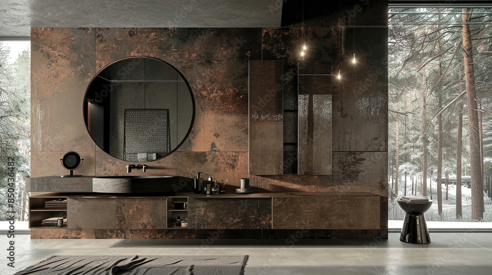 Minimalist Bathroom with Large Window and Circular Mirror Overlooking Forest Minimalist Bathroom with Large Window and Circular Mirror Overlooking Forest