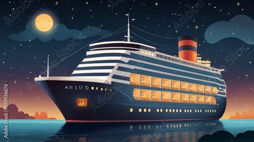 illustration of big cruise ship in ocean at night © Iqbal