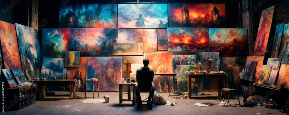 An artist stands in awe in their studio, surrounded by fiery landscapes that exude a passionate commitment to creation, embodying the fervor of artistic expression. An artist stands in awe in their studio, surrounded by fiery landscapes that exude a passionate commitment to creation, embodying the fervor of artistic expression.