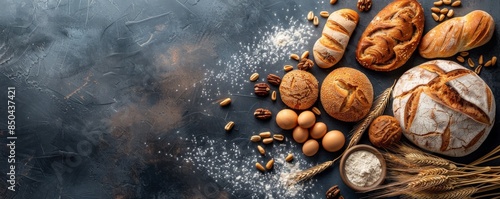 Freshly Baked Bread, Pastries, and Eggs on a Dark Tabletop
