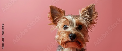Yorkshire Terrier Puppy Looking At Camera On Pink Background