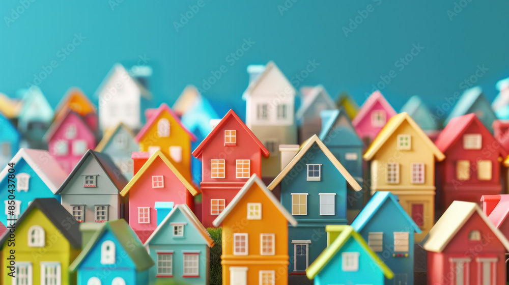 Fototapeta premium Colorful houses blue background. Abstract modern futuristic shape, colourful creativity in structure. Wide color with copy space. Interior design element. Simplicity. Geometric scene in architectural.