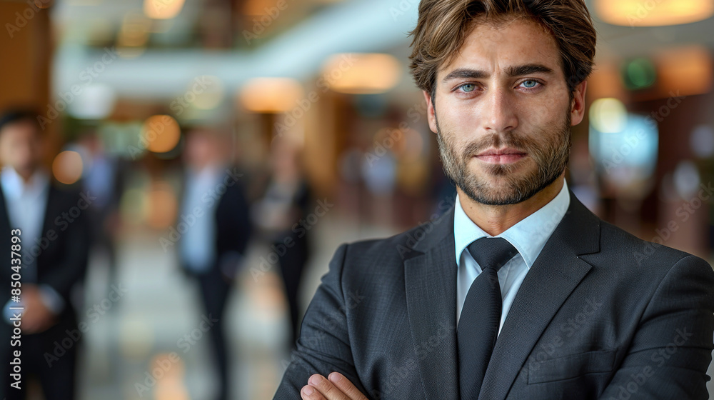 Portrait confident businessman standing in office lobby, successful executive, professional man, mature corporate person, manager, smiling team, young adult in suit, white collar worker, ceo. Portrait confident businessman standing in office lobby, successful executive, professional man, mature corporate person, manager, smiling team, young adult in suit, white collar worker, ceo.