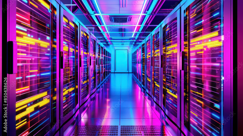 Obraz premium Futuristic server room with neon lights. Glowing matrix modern technology and cyberspace. Illuminated hardware future. Confident achievement in computer science and network security.