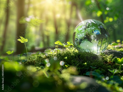 The concept of environment shows a globe on moss in a forest in Europe