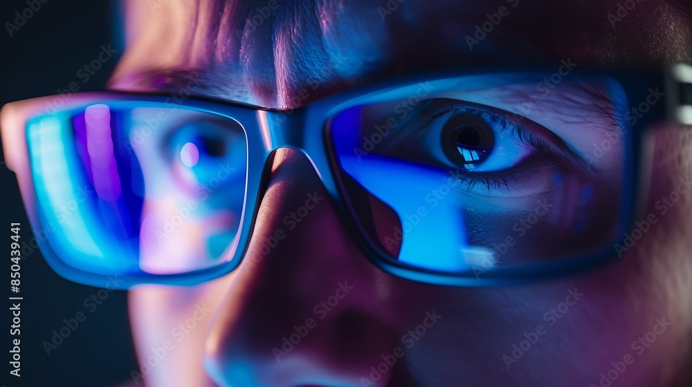 Close up view of focused businessman wears computer glasses for reducing eye strain blurred vision looking at pc screen with computer reflection using internet reading watching working : Generative AI Close up view of focused businessman wears computer glasses for reducing eye strain blurred vision looking at pc screen with computer reflection using internet reading watching working : Generative AI