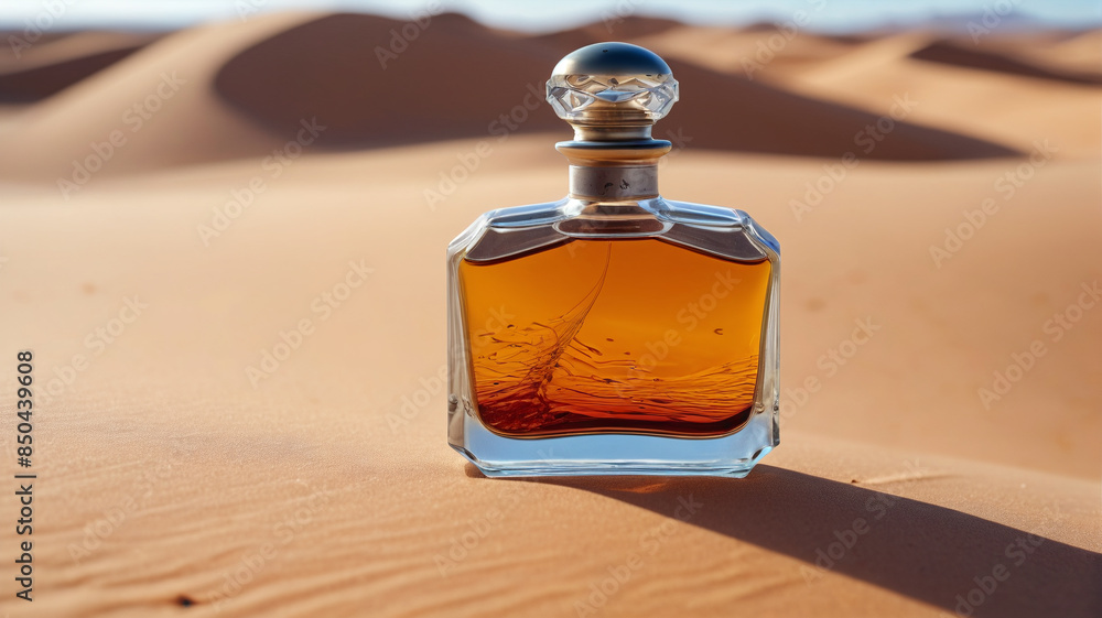 A striking perfume bottle placed on the sandy terrain of a desert, reflecting the rugged yet enchanting essence of the fragrance, Generative AI A striking perfume bottle placed on the sandy terrain of a desert, reflecting the rugged yet enchanting essence of the fragrance, Generative AI