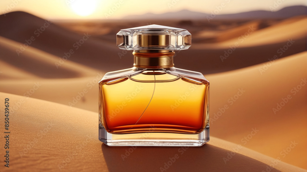 A captivating perfume bottle against the backdrop of a golden desert sunset, symbolizing the timeless elegance and sophistication of the fragrance, Generative AI A captivating perfume bottle against the backdrop of a golden desert sunset, symbolizing the timeless elegance and sophistication of the fragrance, Generative AI