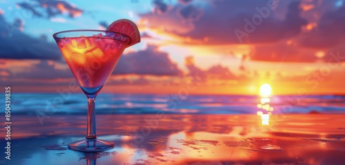 A Glass of Cocktail on the Beach at Sunset