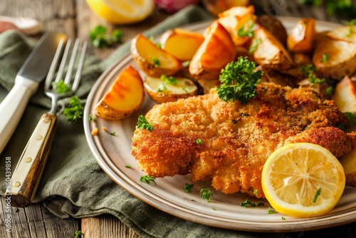 Crispy Breaded Chicken with Roasted Potatoes and Lemon. Homemade Fried Chicken Dinner with Herb Garnish and Potatoes