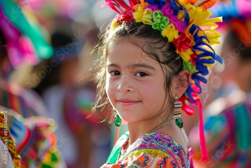 A young girl with a vibrant headband smiles at the camera during a local community festival
