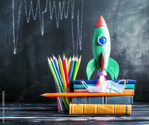 Getting Ready for School: Rocket Drawing With School Supplies And Covid-19 Personal Protective Equipment