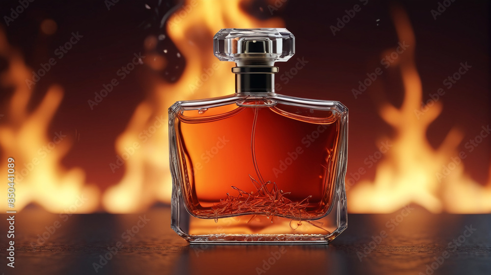 A striking perfume bottle against a backdrop of flickering flames, symbolizing the passion and intensity of its fiery-inspired fragrance, Generative AI A striking perfume bottle against a backdrop of flickering flames, symbolizing the passion and intensity of its fiery-inspired fragrance, Generative AI