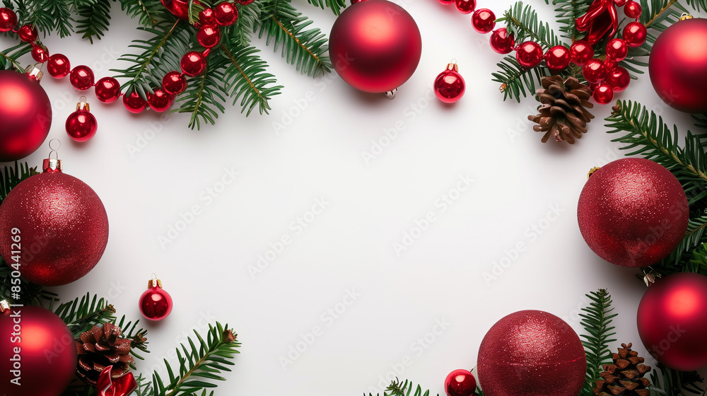 Ein weihnachtlicher Rahmen mit roten Kugeln und Tannenzweigen vor weißem Hintergrund, isolierte Freifläche in der Mitte, Querformat Ein weihnachtlicher Rahmen mit roten Kugeln und Tannenzweigen vor weißem Hintergrund, isolierte Freifläche in der Mitte, Querformat
