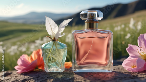 A graceful perfume bottle on a wind-swept landscape, capturing the essence of freedom and movement with its airy and fresh fragrance, Generative AI photo