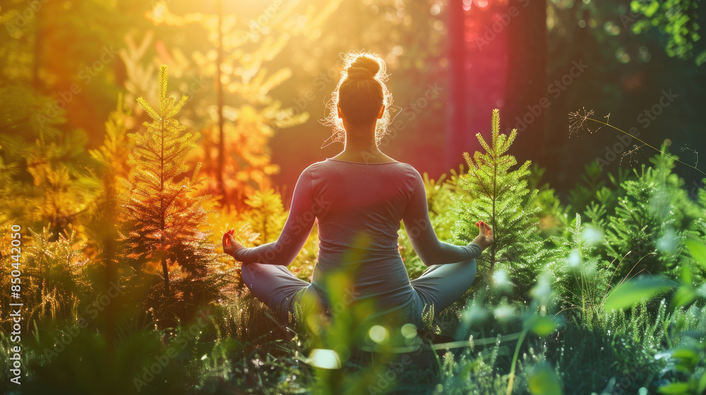 Young woman practicing yoga in forest sunset. Concept healthy lifestyle, balance, and relaxation with nature. Peaceful meditation in green outdoors, evening sun. Wellness sport and leisure. Young woman practicing yoga in forest sunset. Concept healthy lifestyle, balance, and relaxation with nature. Peaceful meditation in green outdoors, evening sun. Wellness sport and leisure.