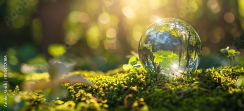 The concept of Earth Day features a green globe in a forest with moss and defocused abstract sunlight photo