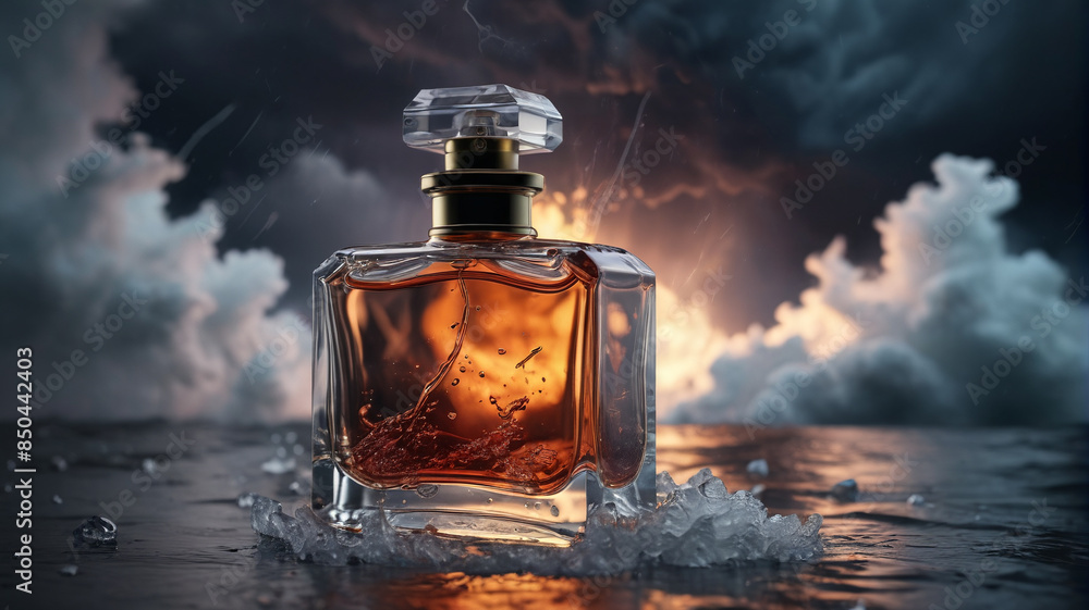 A resilient perfume bottle against the backdrop of a raging storm, symbolizing strength and power with its invigorating and intense fragrance, Generative AI A resilient perfume bottle against the backdrop of a raging storm, symbolizing strength and power with its invigorating and intense fragrance, Generative AI