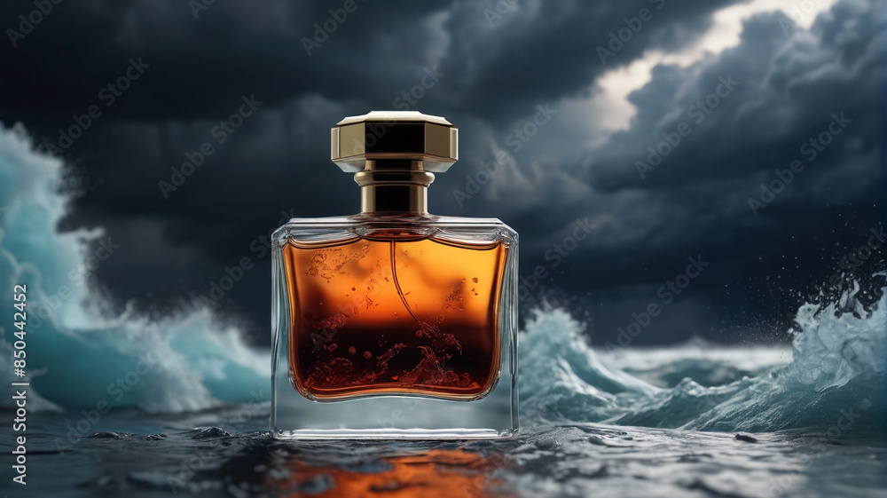 A resilient perfume bottle against the backdrop of a raging storm, symbolizing strength and power with its invigorating and intense fragrance, Generative AI A resilient perfume bottle against the backdrop of a raging storm, symbolizing strength and power with its invigorating and intense fragrance, Generative AI