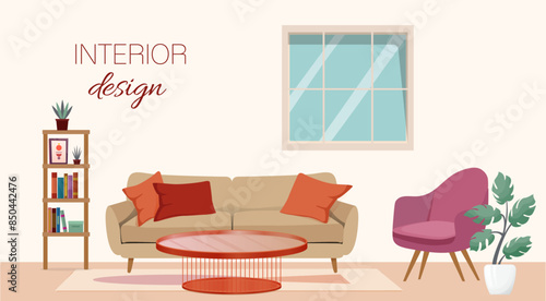 Modern home interior design, vector illustration. Living room furniture, sofa, chair, houseplant