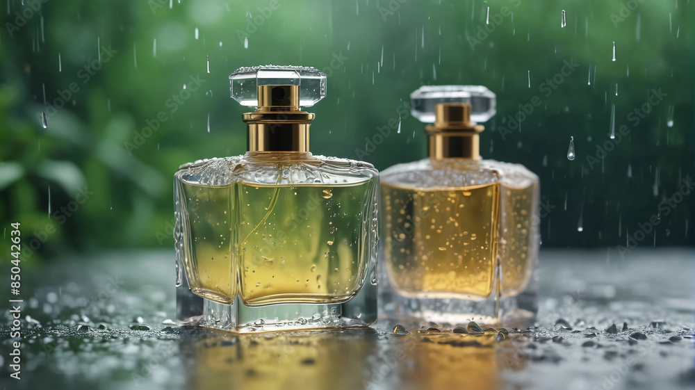 A delicate perfume bottle against a backdrop of gentle raindrops, capturing the soothing and refreshing essence of its rain-inspired fragrance, Generative AI A delicate perfume bottle against a backdrop of gentle raindrops, capturing the soothing and refreshing essence of its rain-inspired fragrance, Generative AI