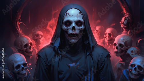 Terrifying skeletal figure with glowing red eyes surrounded by skulls and flames on Halloween night photo