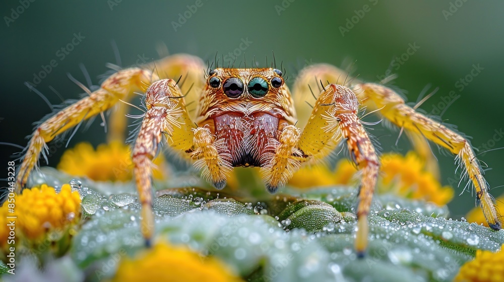 Close-Up of a Jumping Spider on Yellow Flowers Close-Up of a Jumping Spider on Yellow Flowers