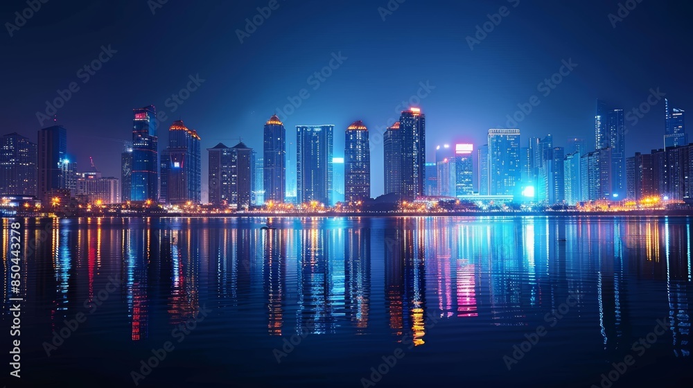 Urban skyline at night, reflection on water, high definition, shimmering lights, serene and beautiful, tall buildings, peaceful ambiance Urban skyline at night, reflection on water, high definition, shimmering lights, serene and beautiful, tall buildings, peaceful ambiance