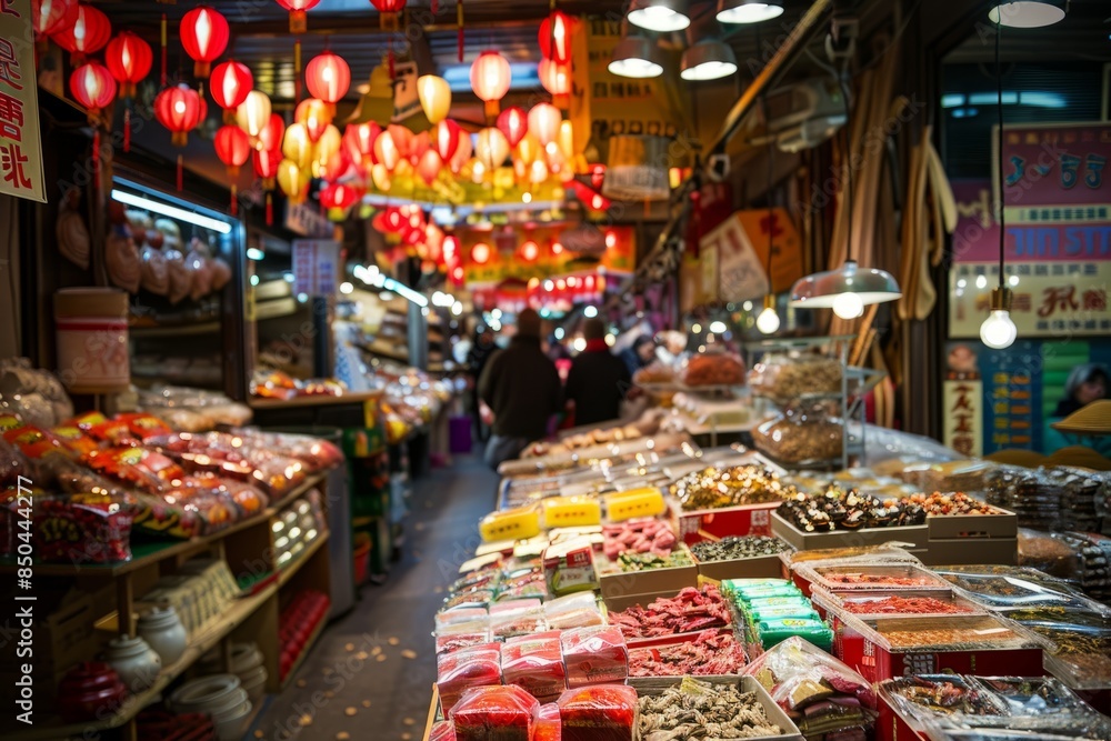 A bustling Asian market with colorful stalls filled with treats and snacks, all illuminated by festive lanterns hanging overhead