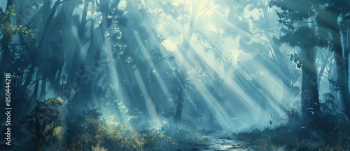 Sun rays through the trees in a misty forest with a road, creating a beautiful natural background.