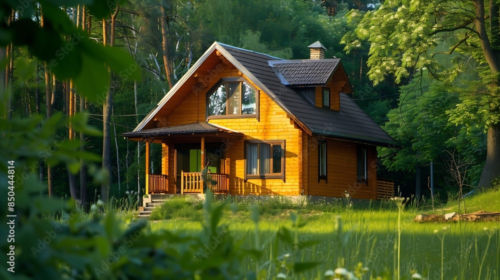 Obraz premium Horizontal photo of wooden house in green forest Pros and cons of wooden house and suburban real estate concept : Generative AI