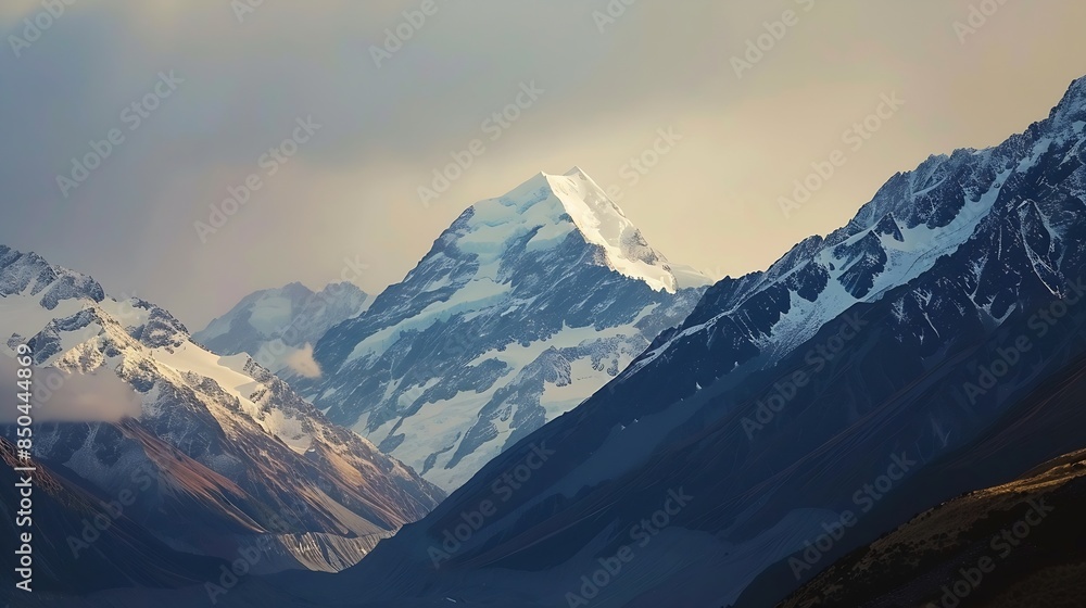 Obraz premium Snowcapped Mt Cook Aoraki rocky peak in high mountains of New Zealand from Highway 80 : Generative AI