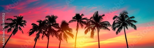A silhouette of tropical palm trees at sunset with vintage tones and bokeh effects