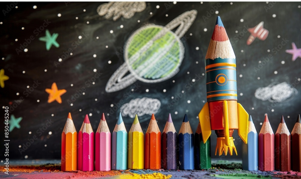 A rocket sketch on a blackboard with colorful pencils is used for a back to school startup concept A rocket sketch on a blackboard with colorful pencils is used for a back to school startup concept