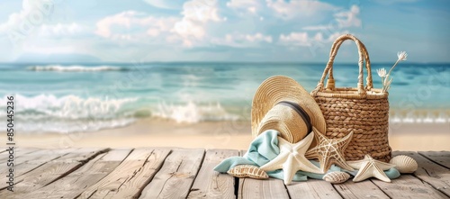 The beach bag with accessories is on the shore of the sea - summer and seaside photo