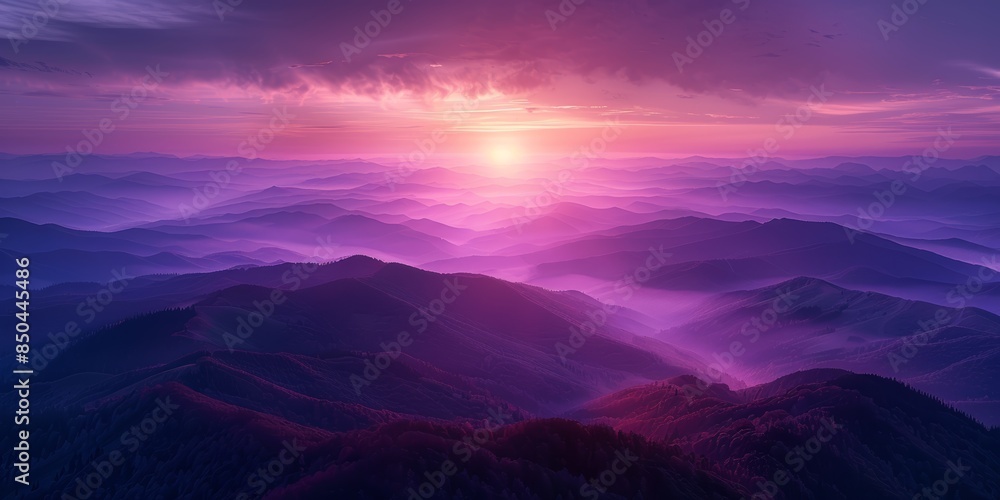Sunset over mountain range, deep purples and golds, misty valleys, high definition, dramatic shadows, tranquil and stunning, wide-angle view, natural splendor Sunset over mountain range, deep purples and golds, misty valleys, high definition, dramatic shadows, tranquil and stunning, wide-angle view, natural splendor