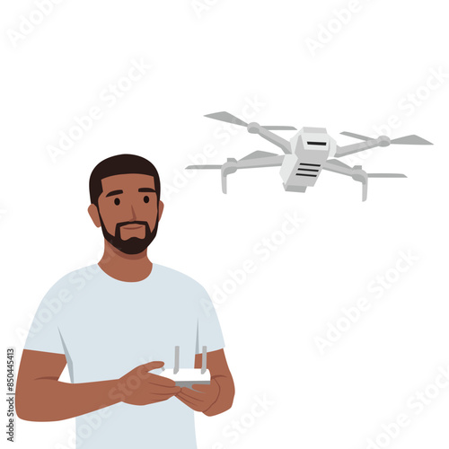 Young man with drone quadrocopter, Remote aerial drone with a camera taking photography or video. Flat vector illustration isolated on white background