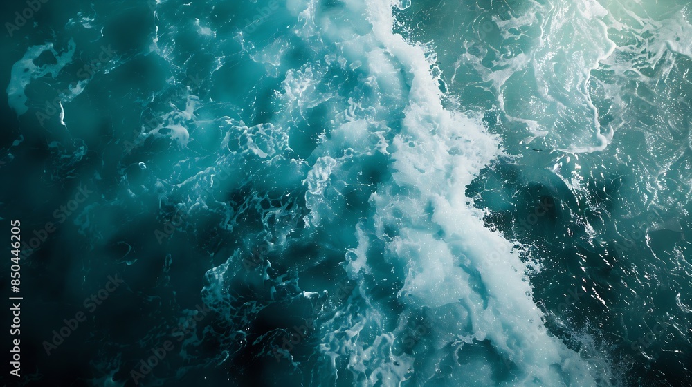 Fototapeta premium From above aerial view of turquoise ocean water with splashes and foam for abstract natural background and texture : Generative AI