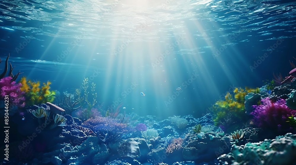 Obraz premium Serene underwater scene with colorful marine plants and coral reef in clean azure water on sea bottom and sun rays from surface Beautiful undersea background 3D animation rendered in 4 : Generative AI