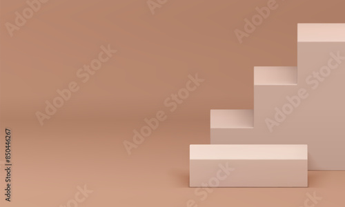 Beige 3d squared podium pedestal with stairs mock up for product show realistic vector illustration