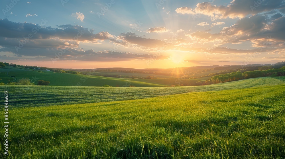 Sunset over fields, green pastures, golden light, high resolution, tranquil and serene, soft shadows, peaceful countryside, wide-angle view Sunset over fields, green pastures, golden light, high resolution, tranquil and serene, soft shadows, peaceful countryside, wide-angle view
