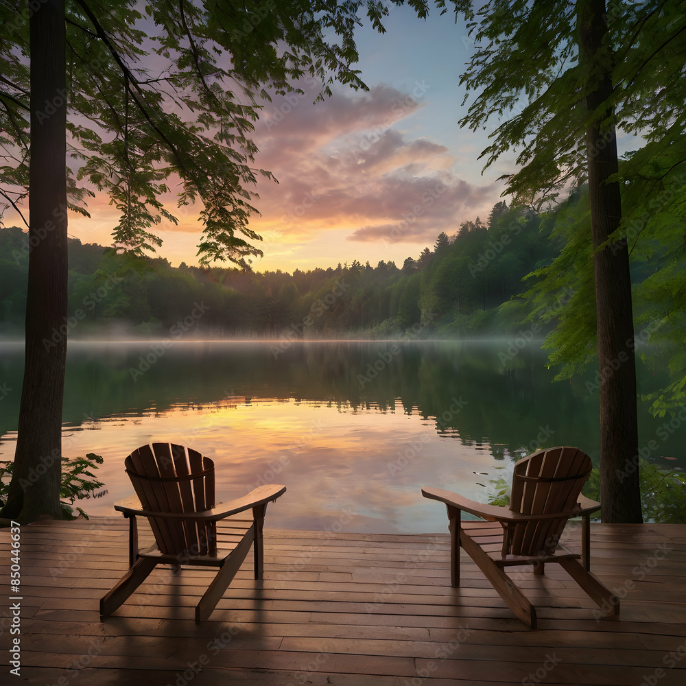 Fototapeta premium A steaming cup of coffee sits on a wooden table, bathed in the warm glow of a magnificent sunset. The sky ablaze with color is mirrored perfectly on the still water of the tranquil lake