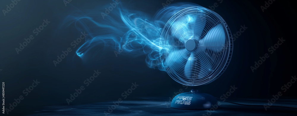 Obraz premium A futuristic fan featuring blue and white swirls of air waves emanating from the center of its blades