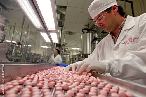 A quality control inspector in a pharmaceutical manufacturing facility carefully examines pink pills on a conveyor belt, ensuring safety and efficacy