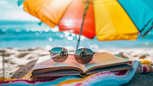 Sunglasses: A pair of sunglasses sits on a sandy beach towel, next to a colorful umbrella and a paperback novel, under the bright sunshine of a summer afternoon photo