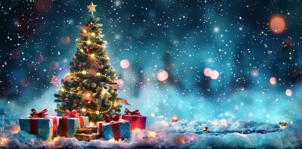 An abstract winter landscape featuring a Christmas tree and gift boxes on snow during the night with a shining star in the background An abstract winter landscape featuring a Christmas tree and gift boxes on snow during the night with a shining star in the background