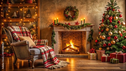 Cozy Christmas corner with warm fireplace, soft blanket, and festive decor, Christmas, cozy, holiday, home, winter