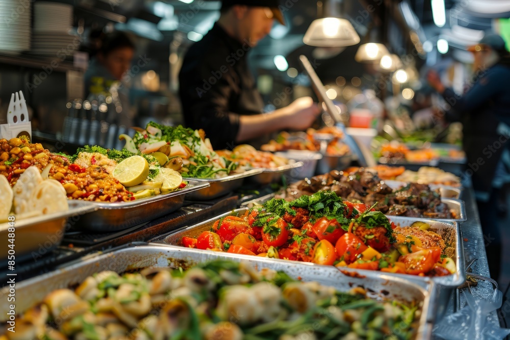 A close-up shot showcasing the colorful and diverse flavors of street food, capturing the energy of a busy market