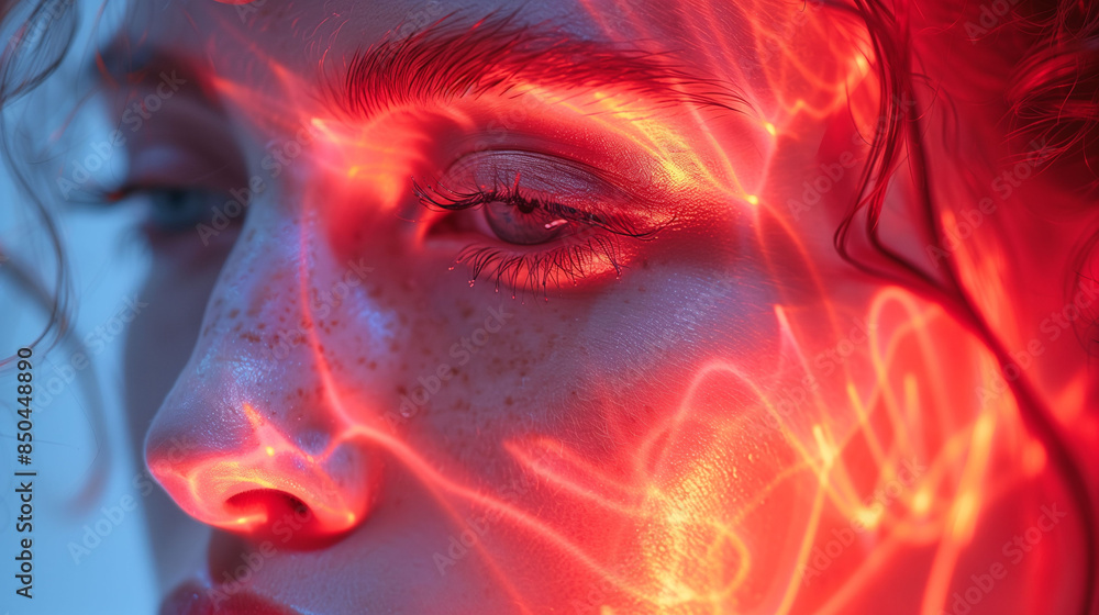 Close-up of a person's face with red neon light patterns projected onto their skin. The image highlights the eye, nose, and freckles, creating a futuristic and artistic effect. Close-up of a person's face with red neon light patterns projected onto their skin. The image highlights the eye, nose, and freckles, creating a futuristic and artistic effect.